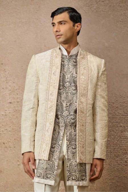 Shop_Tarun Tahiliani_Ivory Silk Velvet Embroidery Thread Floral Bandhgala And Kurta Set _Online_at_Aza_Fashions