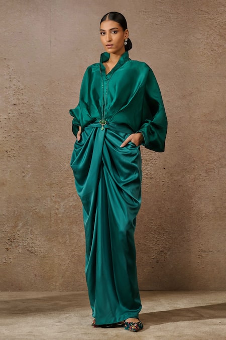 Tarun Tahiliani Green Draped Trouser Satin Embellished Rhinestone Stand Ruched Top And Set 