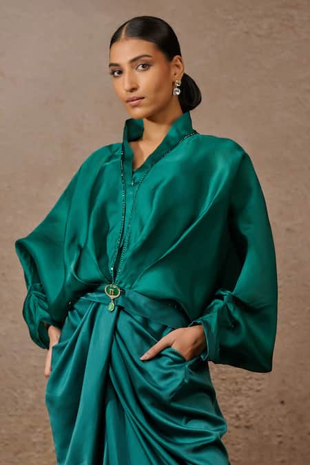 Tarun Tahiliani_Green Satin, Jersey Rhinestones Embellished Ruched Top And Draped Trouser Set _Online_at_Aza_Fashions