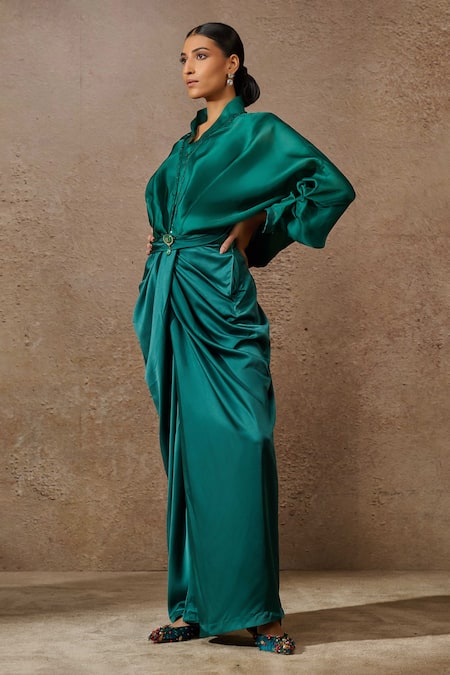 Buy_Tarun Tahiliani_Green Satin, Jersey Rhinestones Embellished Ruched Top And Draped Trouser Set _Online_at_Aza_Fashions