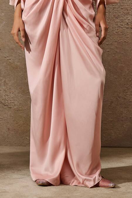 Tarun Tahiliani_Pink Satin, Organza, Jersey Embellished Ruched Top And Draped Trouser Set _Online_at_Aza_Fashions