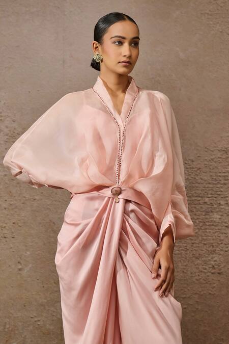 Buy_Tarun Tahiliani_Pink Satin, Organza, Jersey Embellished Ruched Top And Draped Trouser Set _Online_at_Aza_Fashions