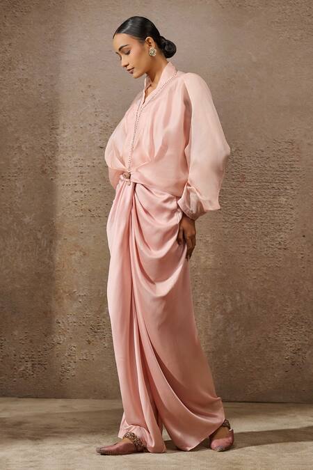 Shop_Tarun Tahiliani_Pink Satin, Organza, Jersey Embellished Ruched Top And Draped Trouser Set _Online_at_Aza_Fashions