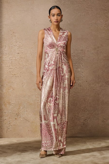 Tarun Tahiliani Pink Foil Jersey Print Signature V Neck Draped Maxi Dress 