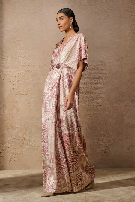Tarun Tahiliani_Pink Foil Jersey Print Signature V Neck Flared Jumpsuit _Online_at_Aza_Fashions