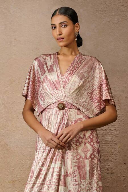 Buy_Tarun Tahiliani_Pink Foil Jersey Print Signature V Neck Flared Jumpsuit _Online_at_Aza_Fashions