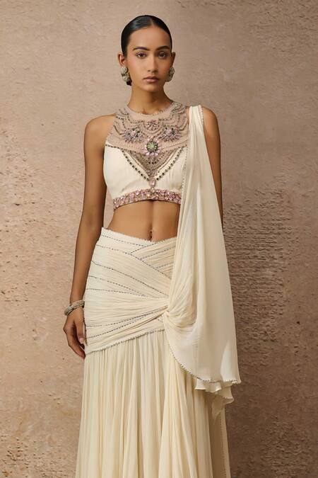 Tarun Tahiliani Ivory Silk, Chiffon Crystals, Embroidery, Pre-draped Concept Saree With Blouse Online at Aza Fashions Tarun Tahiliani_Ivory Silk, Chiffon Crystals, Embroidery, Pre-draped Concept Saree With Blouse _Online_at_Aza_Fashions