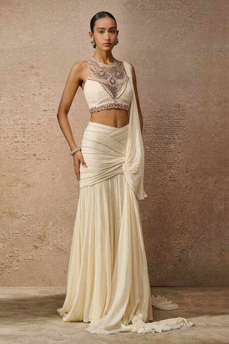 Tarun Tahiliani Ivory Silk, Chiffon Crystals, Embroidery, Pre-draped Concept Saree With Blouse at Aza Fashions Tarun Tahiliani_Ivory Silk, Chiffon Crystals, Embroidery, Pre-draped Concept Saree With Blouse _at_Aza_Fashions