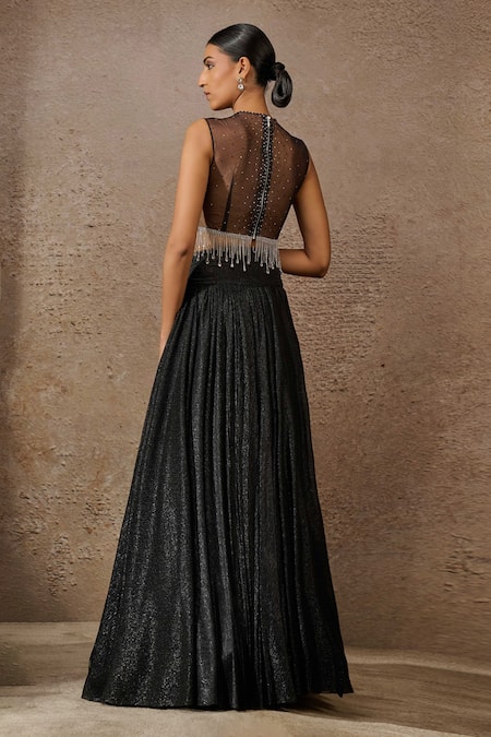 Shop Tarun Tahiliani Black Tulle, Crepe Beads Crinkled Lehenga With Crystal Embellished Blouse at Aza Fashions Shop_Tarun Tahiliani_Black Tulle, Crepe Beads Crinkled Lehenga With Crystal Embellished Blouse _at_Aza_Fashions
