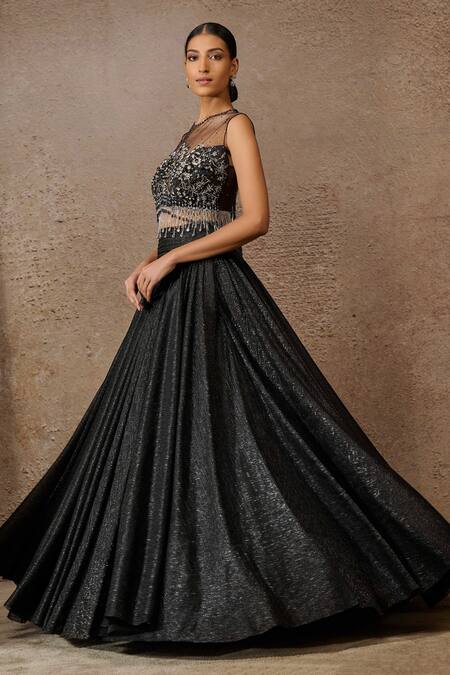 Buy Tarun Tahiliani Black Tulle, Crepe Beads Crinkled Lehenga With Crystal Embellished Blouse Online at Aza Fashions Buy_Tarun Tahiliani_Black Tulle, Crepe Beads Crinkled Lehenga With Crystal Embellished Blouse _Online_at_Aza_Fashions