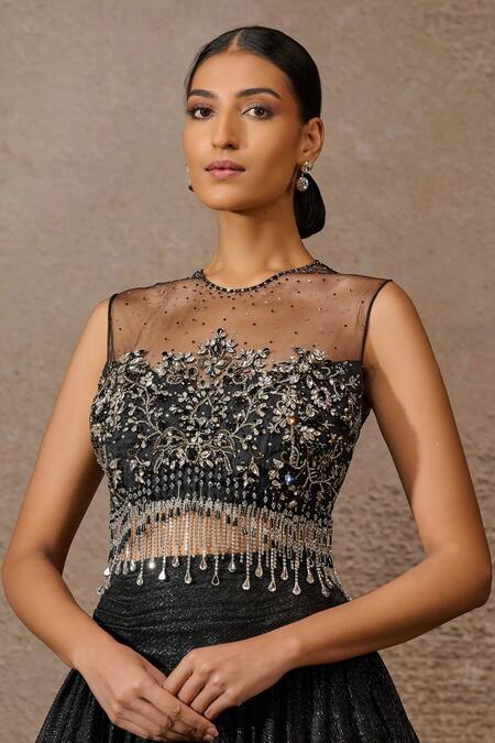 Shop Tarun Tahiliani Black Tulle, Crepe Beads Crinkled Lehenga With Crystal Embellished Blouse Online at Aza Fashions Shop_Tarun Tahiliani_Black Tulle, Crepe Beads Crinkled Lehenga With Crystal Embellished Blouse _Online_at_Aza_Fashions