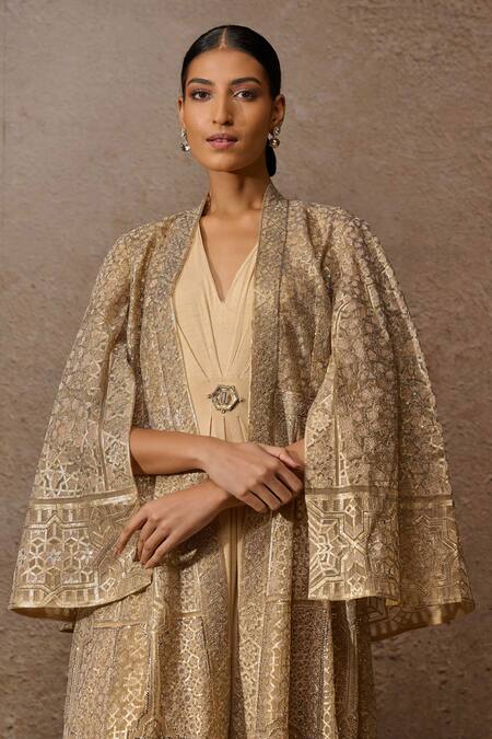 Tarun Tahiliani_Gold Dress Jersey Embellished Sequin V Signature Embroidered Long Jacket With _Online_at_Aza_Fashions