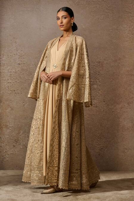 Buy_Tarun Tahiliani_Gold Dress Jersey Embellished Sequin V Signature Embroidered Long Jacket With _Online_at_Aza_Fashions