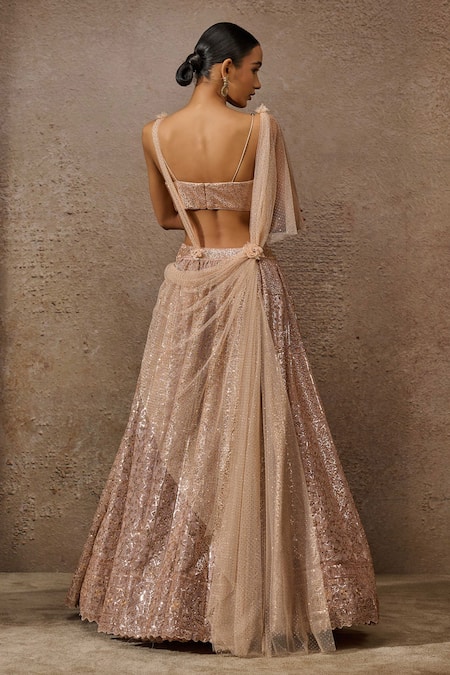 Shop Tarun Tahiliani Pink Tulle, Silk Satin Architecture Motif Lehenga And Bralette With Attached Drape at Aza Fashions Shop_Tarun Tahiliani_Pink Tulle, Silk Satin Architecture Motif Lehenga And Bralette With Attached Drape _at_Aza_Fashions