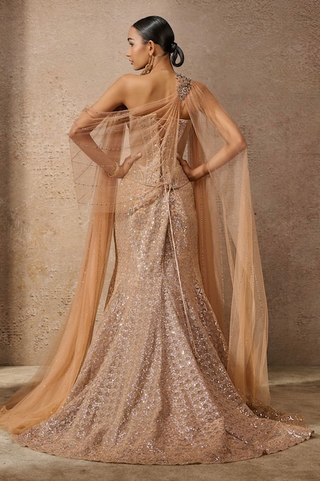 Shop_Tarun Tahiliani_Gold Tulle Sequins Off-shoulder Architecture Motif Sculpted Lehenga Set _at_Aza_Fashions