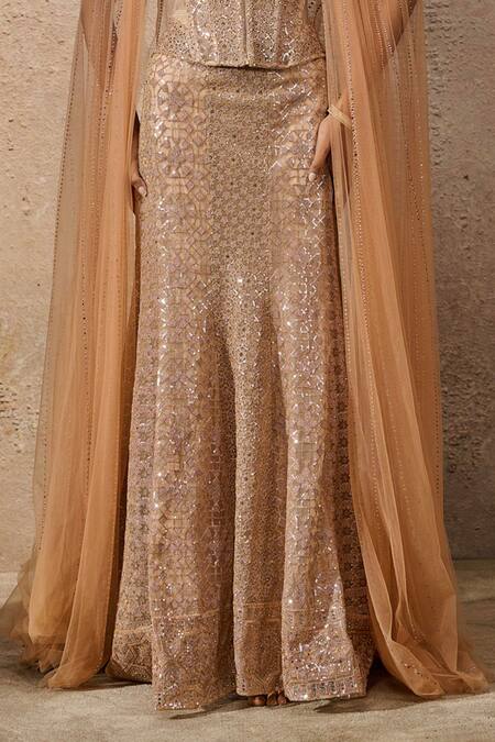 Tarun Tahiliani_Gold Tulle Sequins Off-shoulder Architecture Motif Sculpted Lehenga Set _Online_at_Aza_Fashions