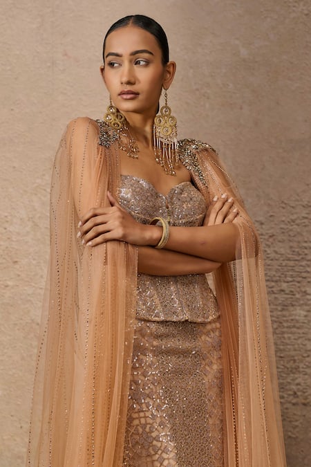 Shop_Tarun Tahiliani_Gold Tulle Sequins Off-shoulder Architecture Motif Sculpted Lehenga Set _Online_at_Aza_Fashions
