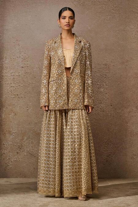 Tarun Tahiliani_Gold Silk Satin, Tulle Pearls, Sequins Geometric Embroidered Jacket Sharara Set _Online_at_Aza_Fashions