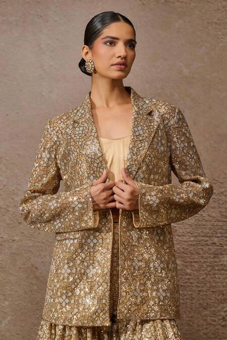 Buy_Tarun Tahiliani_Gold Silk Satin, Tulle Pearls, Sequins Geometric Embroidered Jacket Sharara Set _Online_at_Aza_Fashions