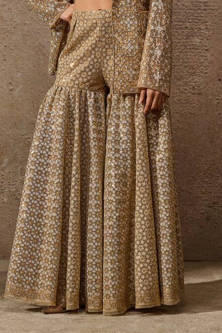 Shop_Tarun Tahiliani_Gold Silk Satin, Tulle Pearls, Sequins Geometric Embroidered Jacket Sharara Set _Online_at_Aza_Fashions