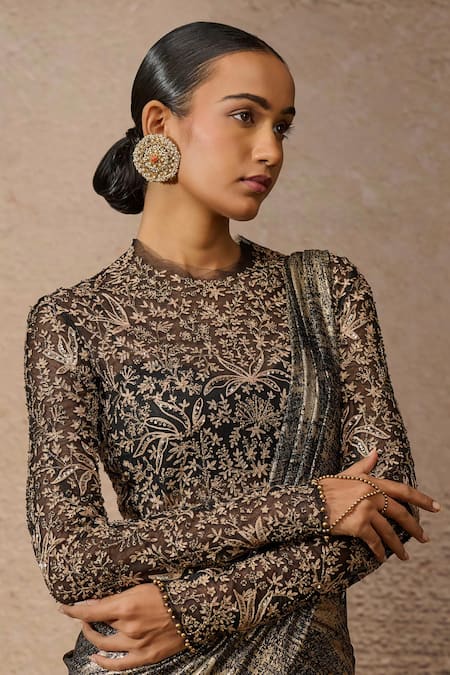 Buy_Tarun Tahiliani_Gold Tulle, Jersey, Silk Sequins, Embroidery Sweetheart Panel Concept Saree Set _Online_at_Aza_Fashions