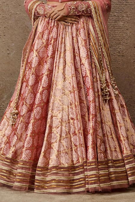 Tarun Tahiliani_Rose Gold Satin, Geometric Mandala Pattern Lehenga Set With Embroidered Blouse _Online_at_Aza_Fashions
