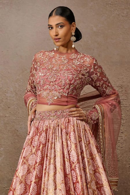Buy_Tarun Tahiliani_Rose Gold Satin, Geometric Mandala Pattern Lehenga Set With Embroidered Blouse _Online_at_Aza_Fashions