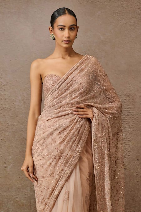 Tarun Tahiliani Pink Tulle Pearls, Sequins Sweetheart Neck Hand- Embroidered Saree With Bustier Online at Aza Fashions Tarun Tahiliani_Pink Tulle Pearls, Sequins Sweetheart Neck Hand- Embroidered Saree With Bustier _Online_at_Aza_Fashions