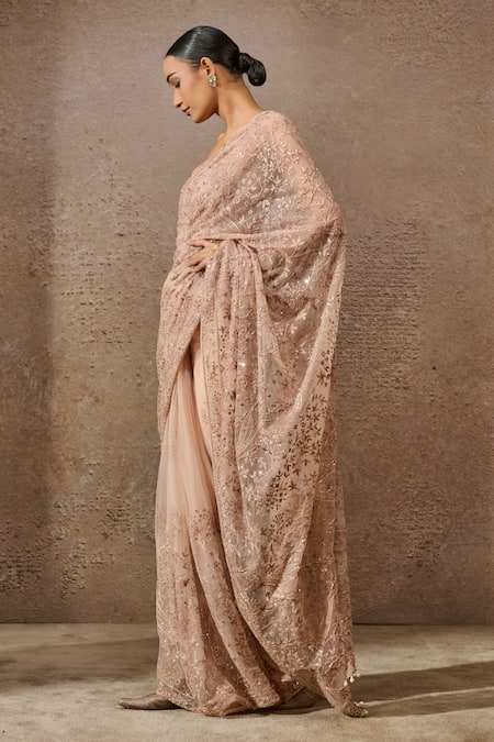 Buy Tarun Tahiliani Pink Tulle Pearls, Sequins Sweetheart Neck Hand- Embroidered Saree With Bustier Online at Aza Fashions Buy_Tarun Tahiliani_Pink Tulle Pearls, Sequins Sweetheart Neck Hand- Embroidered Saree With Bustier _Online_at_Aza_Fashions