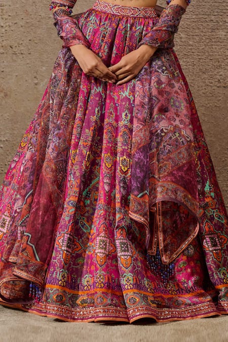 Tarun Tahiliani Fuchsia Kota Doria, Silk, Satin Crystals, Geometric Mandala Print Lehenga Set Online at Aza Fashions Tarun Tahiliani_Fuchsia Kota Doria, Silk, Satin Crystals, Geometric Mandala Print Lehenga Set _Online_at_Aza_Fashions