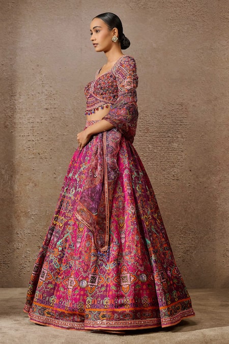 Shop Tarun Tahiliani Fuchsia Kota Doria, Silk, Satin Crystals, Geometric Mandala Print Lehenga Set Online at Aza Fashions Shop_Tarun Tahiliani_Fuchsia Kota Doria, Silk, Satin Crystals, Geometric Mandala Print Lehenga Set _Online_at_Aza_Fashions