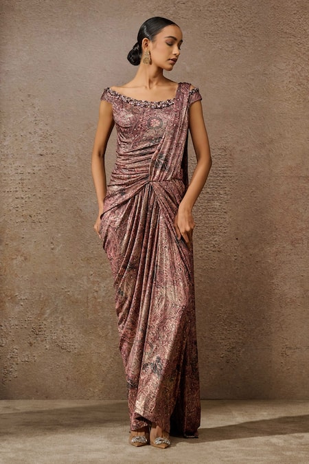 Tarun Tahiliani Floral Paisley Print Pre-Draped Concept Saree Gown 