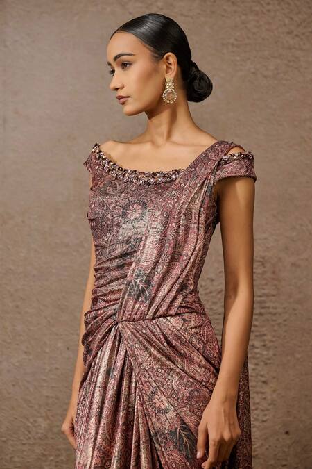 Tarun Tahiliani_Wine Jersey Crystals Off-shoulder Embellished Pre-draped Saree Gown _Online_at_Aza_Fashions