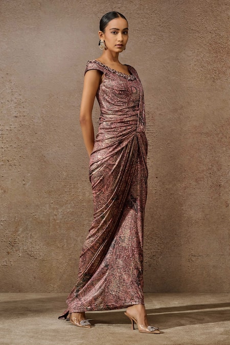Buy_Tarun Tahiliani_Wine Jersey Crystals Off-shoulder Embellished Pre-draped Saree Gown _Online_at_Aza_Fashions