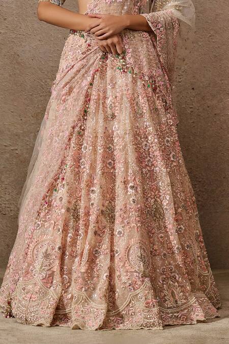 Tarun Tahiliani_Pink Tulle, Chanderi Sequins, Floral Thread Embroidered Bridal Lehenga Set _Online_at_Aza_Fashions