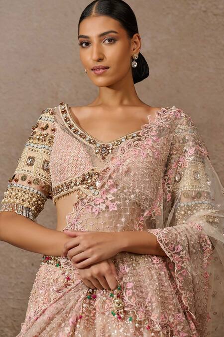 Buy_Tarun Tahiliani_Pink Tulle, Chanderi Sequins, Floral Thread Embroidered Bridal Lehenga Set _Online_at_Aza_Fashions