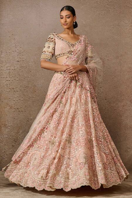 Shop_Tarun Tahiliani_Pink Tulle, Chanderi Sequins, Floral Thread Embroidered Bridal Lehenga Set _Online_at_Aza_Fashions