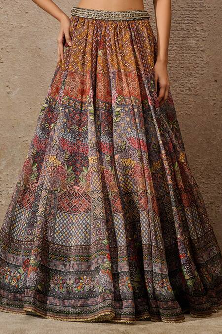 Tarun Tahiliani_Grey Satin, Organza Sequins Floral Geometric Print Lehenga With Draped Blouse _Online_at_Aza_Fashions