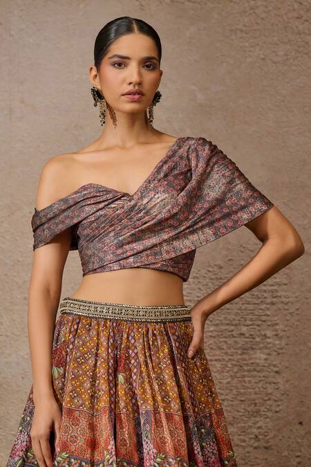 Buy_Tarun Tahiliani_Grey Satin, Organza Sequins Floral Geometric Print Lehenga With Draped Blouse _Online_at_Aza_Fashions