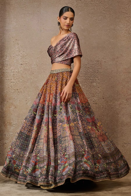 Shop_Tarun Tahiliani_Grey Satin, Organza Sequins Floral Geometric Print Lehenga With Draped Blouse _Online_at_Aza_Fashions