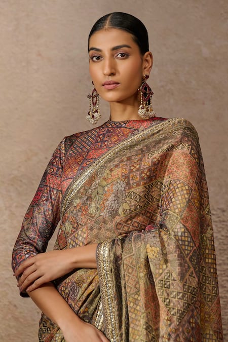 Tarun Tahiliani_Grey Tissue, Georgette Sequins Round Floral Geometric Print Saree With Blouse _Online_at_Aza_Fashions