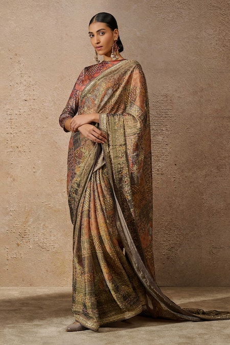 Buy_Tarun Tahiliani_Grey Tissue, Georgette Sequins Round Floral Geometric Print Saree With Blouse _Online_at_Aza_Fashions