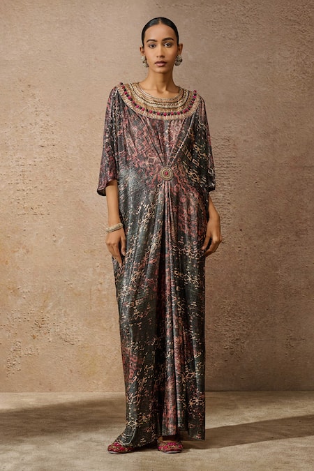 Tarun Tahiliani Black Foil Jersey Printed Geometric Round Kaftan 