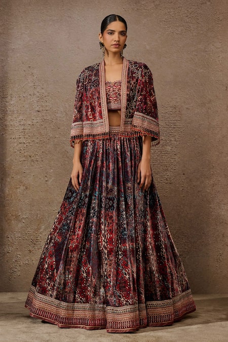 Tarun Tahiliani Silk Velvet Geometric Print Lehenga Cape Set 