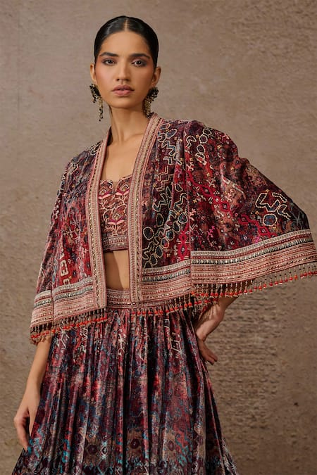 Tarun Tahiliani_Brown Silk, Velvet Beads, Sequins Sweetheart Geometric Print Lehenga Cape Set _Online_at_Aza_Fashions