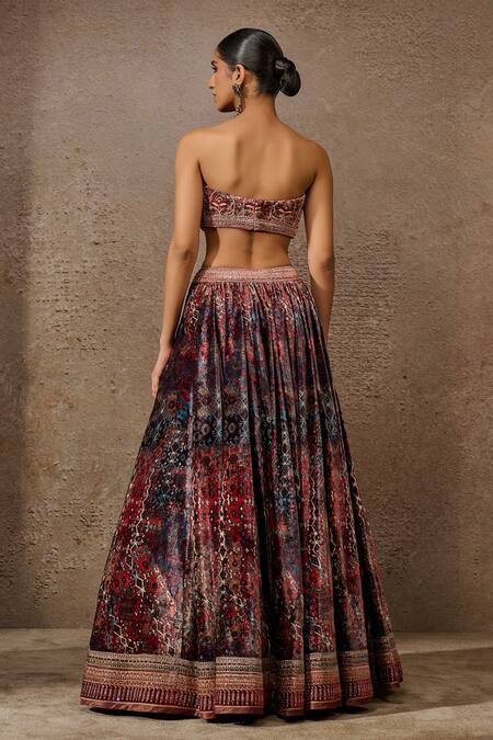 Shop_Tarun Tahiliani_Brown Silk, Velvet Beads, Sequins Sweetheart Geometric Print Lehenga Cape Set _Online_at_Aza_Fashions