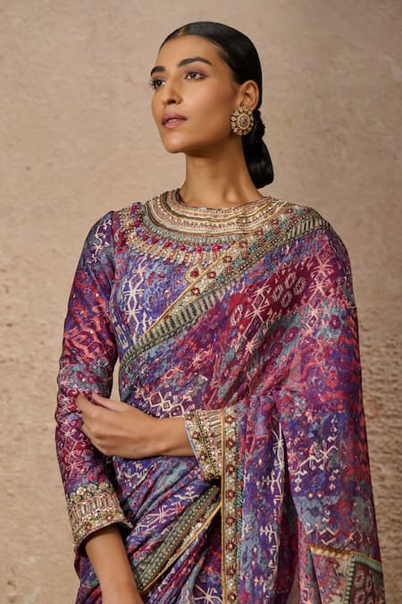 Tarun Tahiliani_Blue Silk, Chanderi Sequins, Beads Round Neck Geometric Print Saree With Blouse _Online_at_Aza_Fashions