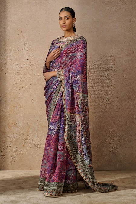 Buy_Tarun Tahiliani_Blue Silk, Chanderi Sequins, Beads Round Neck Geometric Print Saree With Blouse _Online_at_Aza_Fashions