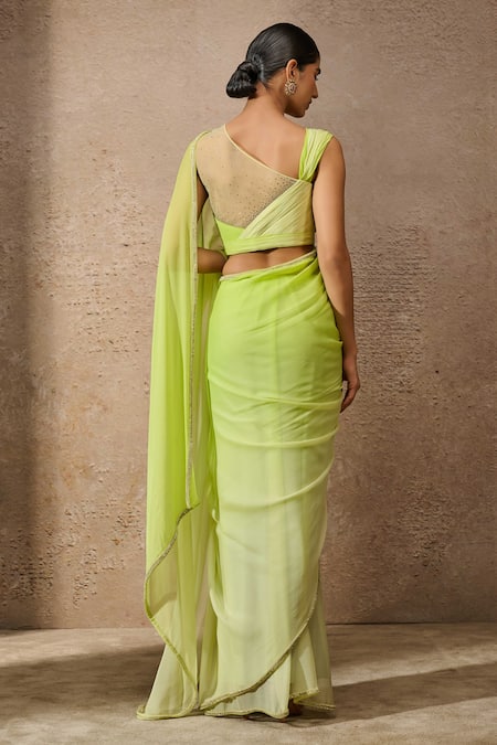 Shop Tarun Tahiliani Green Chiffon, Satin, Lycra Crystals Ombre Embellished Border Saree With Blouse at Aza Fashions Shop_Tarun Tahiliani_Green Chiffon, Satin, Lycra Crystals Ombre Embellished Border Saree With Blouse _at_Aza_Fashions