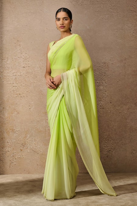 Tarun Tahiliani Green Chiffon, Satin, Lycra Crystals Ombre Embellished Border Saree With Blouse Online at Aza Fashions Tarun Tahiliani_Green Chiffon, Satin, Lycra Crystals Ombre Embellished Border Saree With Blouse _Online_at_Aza_Fashions